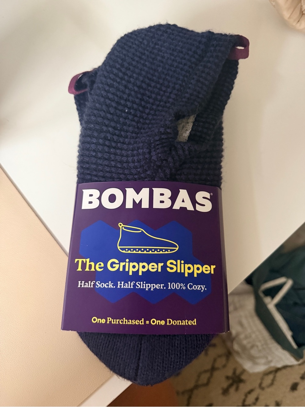 Bombas Gripper Slipper Half-Sock in Navy with accent design